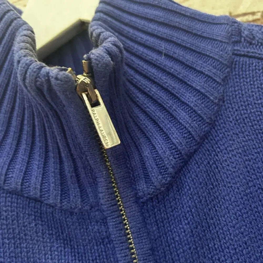 RALPH LAUREN SPORT VINTAGE 90s Blue Full Zip Knit Sweater Red Pony Size Medium - Picture 6 of 6